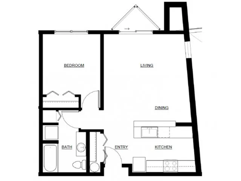 A black and white floor plan of a house with a bedroom, dining area, kitchen, bathroom, and entryway.